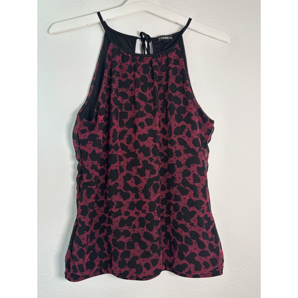 Express Halter Neck Tank Top Small Burgundy Black Animal Print Keyhole Blouse